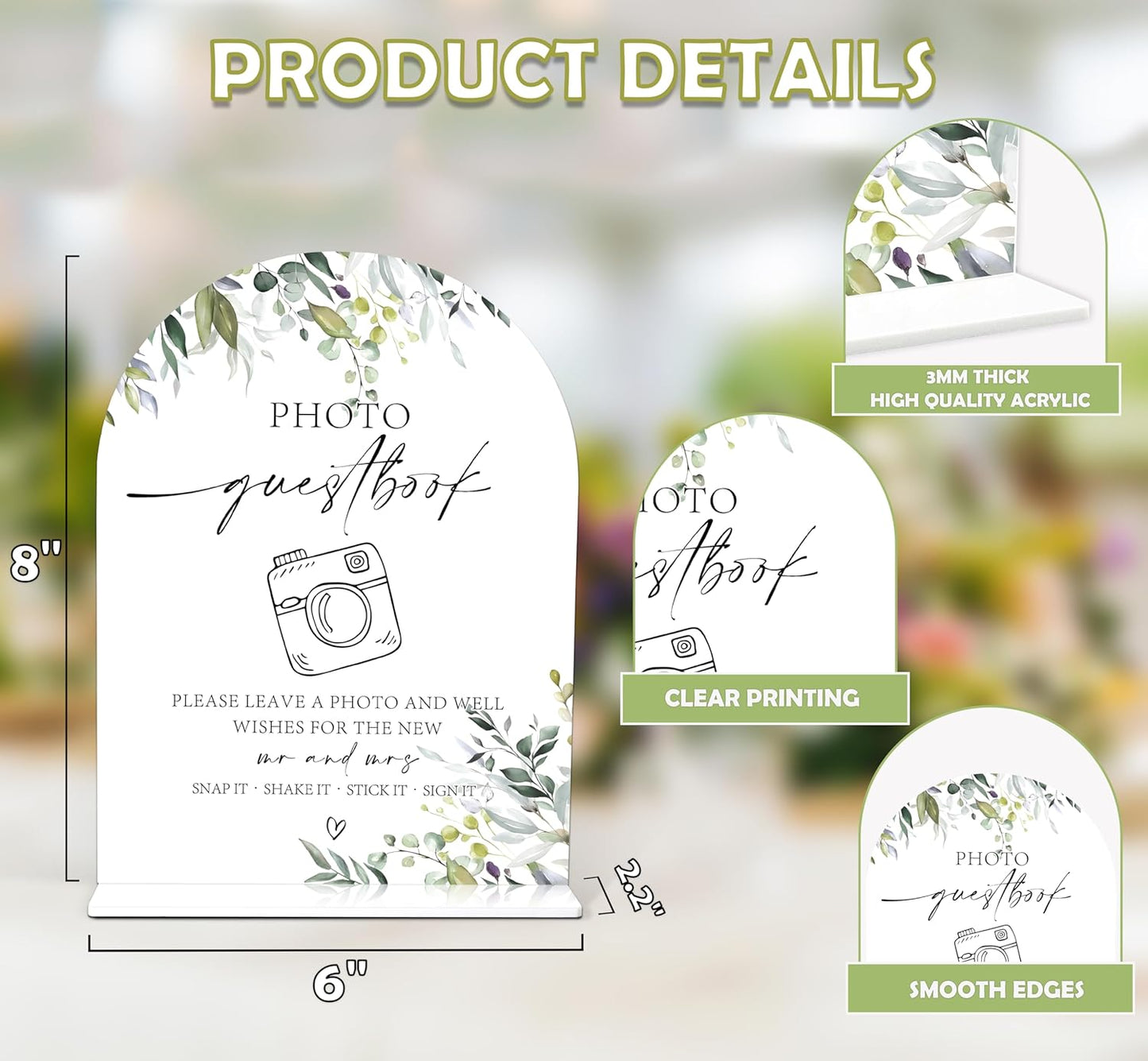 Greenery Photo Guestbook Sign, 6 x 8 Inch White Arch Acrylic Wedding Sign with Holder, Wedding Sign for Ceremony and Reception, Wedding Decoration, Wedding Supplies - LY06