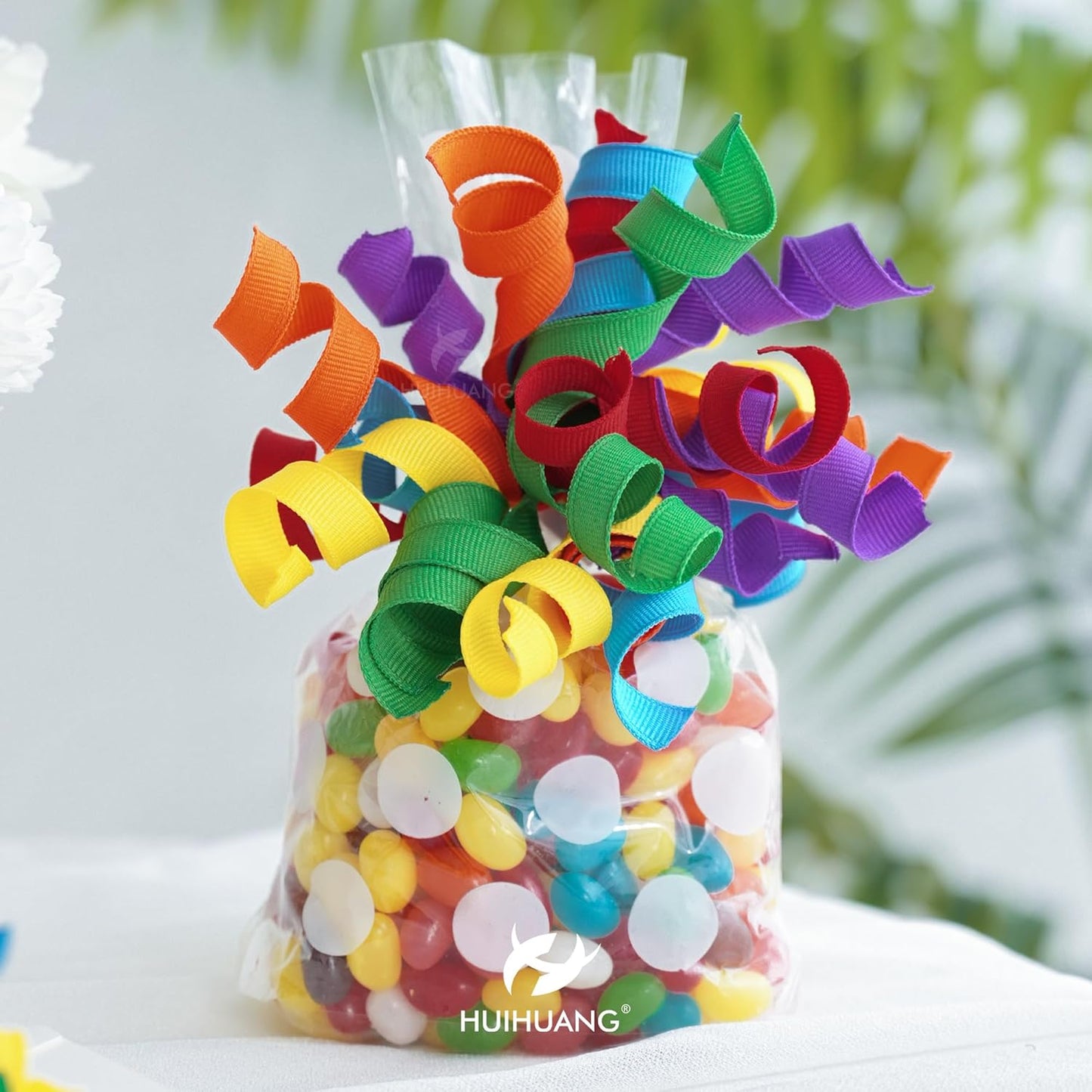 HUIHUANG Rainbow Bows for Gift Wrapping, Birthday Curly Ribbon Bows Self Adhesive Burst Gift Bow for Presents, Wine Bottle, Treat Bags, Birthday, Holiday Party Favors - 6 Counts