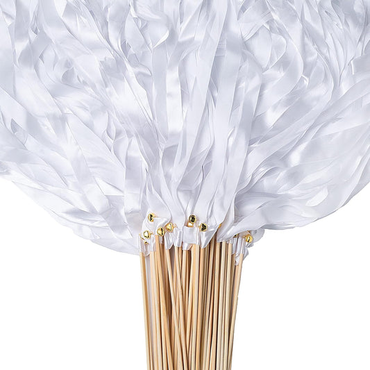 60 Pieces Wedding Colorful Ribbon with Bells, Party Ribbons Streamers Sticks Magic Wish Fairy Wand for Wedding Party Holiday Activities Favors (White-60)