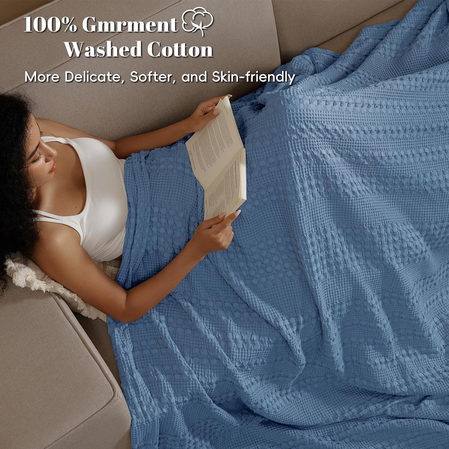 PHF 100% Cotton Waffle Weave Blanket Twin Size for Bed, Soft Lightweight & Breathable, All-Season Comfort, Luxury Aesthetic Woven Bedding for Home Decor, 66"x90", Captain's Blue