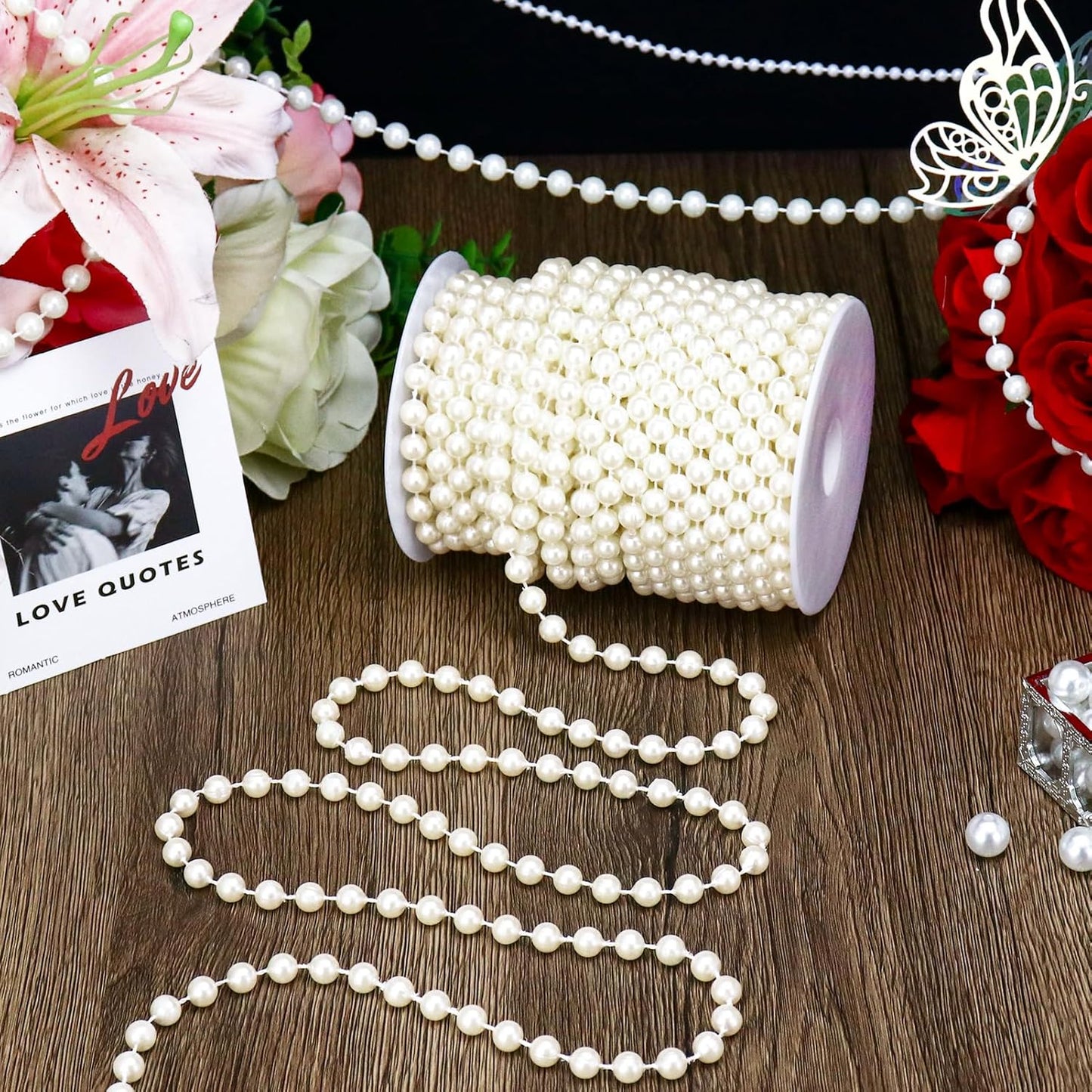 59 Feet 8mm Pearl Strings Garland for Crafts, Artificial Pearl Beaded Trim Chain Roll Strands for Wedding Centerpieces Bouquet Party Decoration Christmas Tree Garland, Ivory