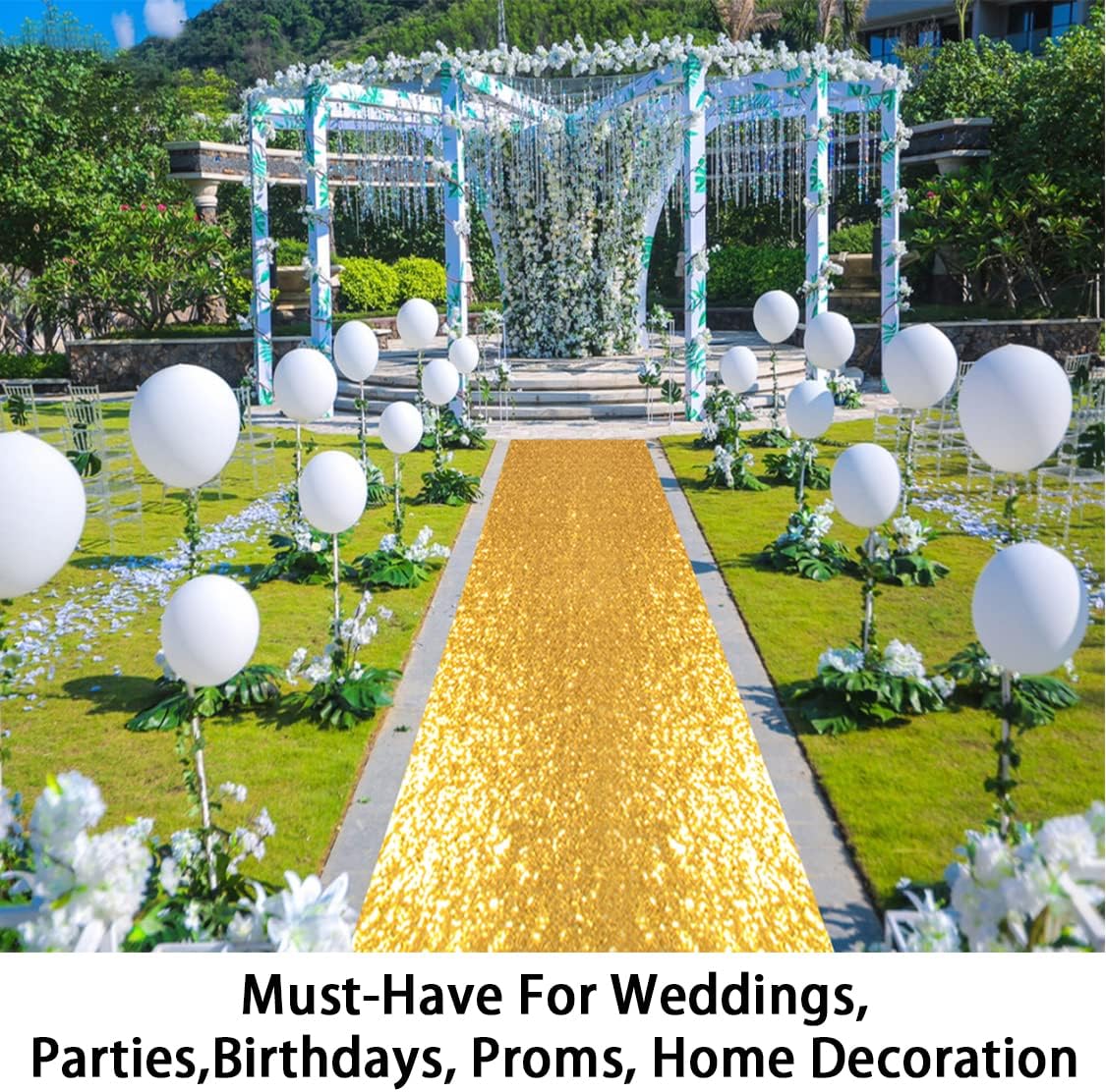 ShinyBeauty 4x20ft Sequined Gold Wedding Aisle Runner – Floral Printed Reusable Carpet Runner for Bride Walkway, Indoor Outdoor Ceremony