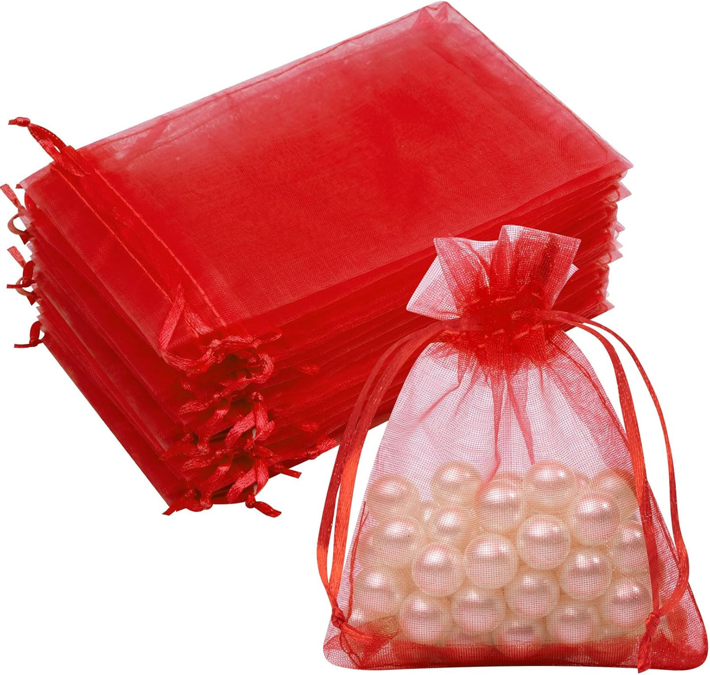 50 Pcs 3x4 Inch Organza Bags, Mesh Drawstring Treat Pouch Bags for Party Favor Wedding (Red)