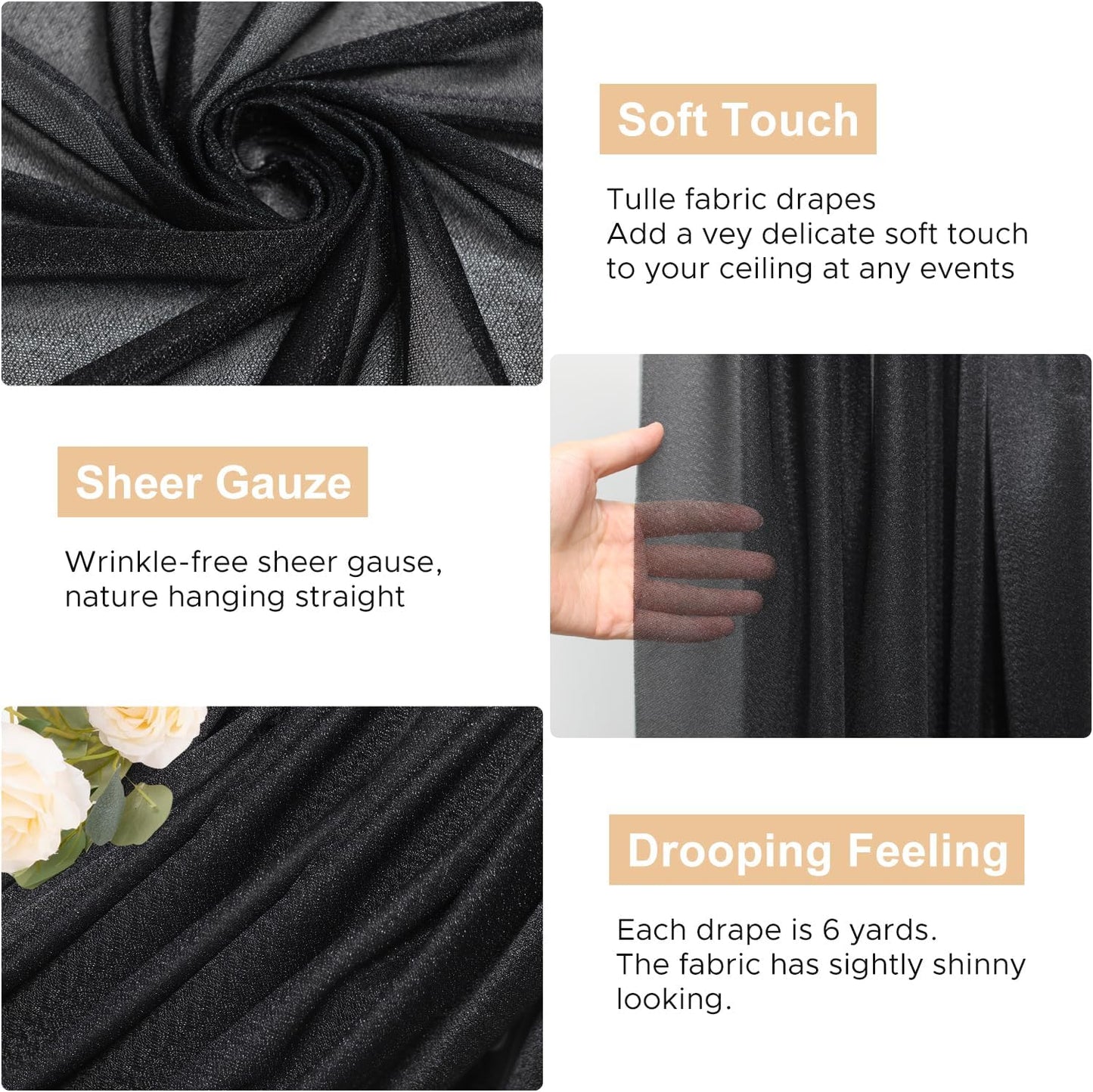 Wokceer Wedding Arch Draping Fabric - 6 Panels, 28.7" x 20FT Black Sheer Drapes for Wedding Ceremony, Birthday Party, Bridal Shower Decoration