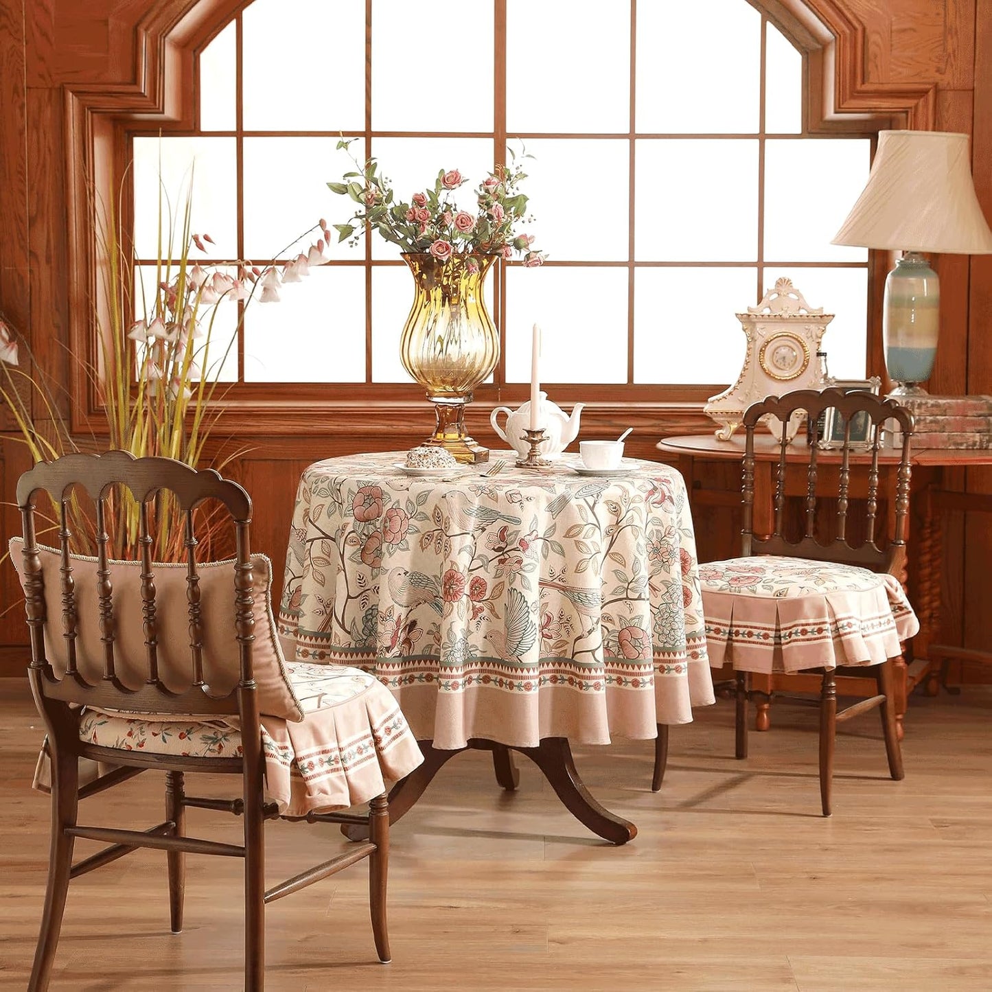 patdrea Designer Vintage Round Tablecloth,Pink Linen Table Cloth with Birds Pattern,Colorful Decoration French Table Cover for Kitchen Dining,Thanksgiving,Party,Christmas,Diameter 55"-Kulom a