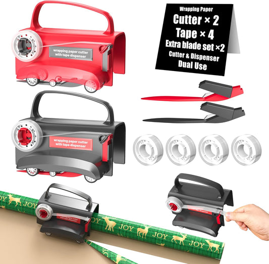 (2-Pack) Wheel Wrapping Paper Cutter & Tape Dispenser with 4 Tapes，2 Replace Blades Kit for Christmas Gift Wrap Cutter Tool Paper Roll Holder Tube Sliding Slicing for Birthday Holiday.