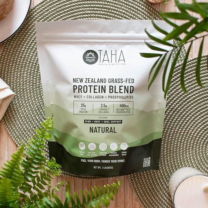 Taha Health & Nutrition Mind + Body Protein Blend – Natural, Unflavored | 25g Protein from Whey & Collagen + 400mg Milk Phospholipids | Grass-Fed, Free-Range New Zealand Dairy | 2LB