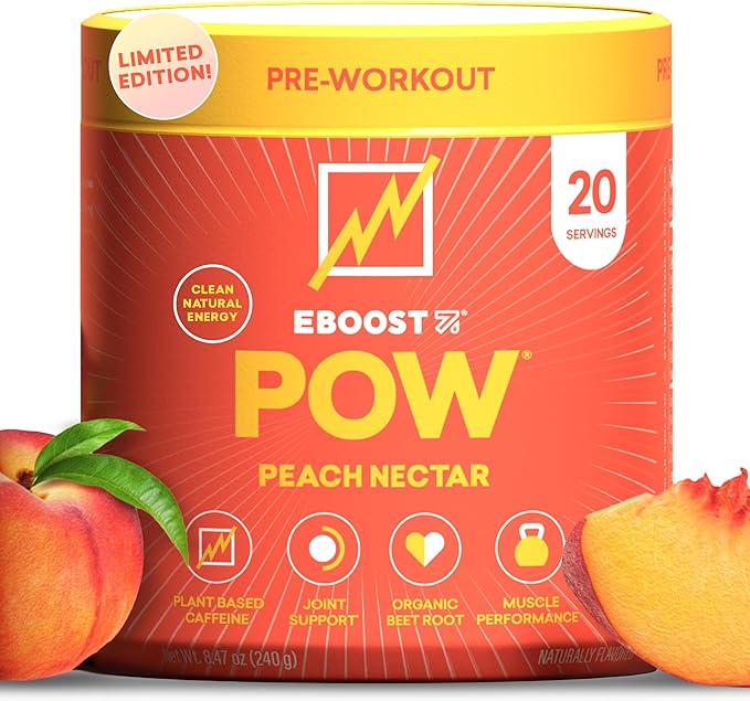 EBOOST POW Natural Pre Workout Powder - 20 Servings, Peach Nectar - Preworkout Energy Booster Gym Supplement Drink Mix for Men and Women - Performance, Joint Mobility Support - Gluten-Free