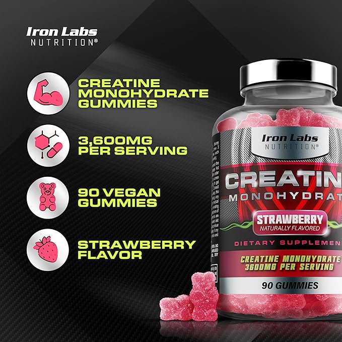 Iron Labs Nutrition Creatine Monohydrate (90 Gummy Bears) - 3600mg Per Serving - Strawberry Flavor - High Strength Creatine for Men & Women (90 Vegan Gummies)