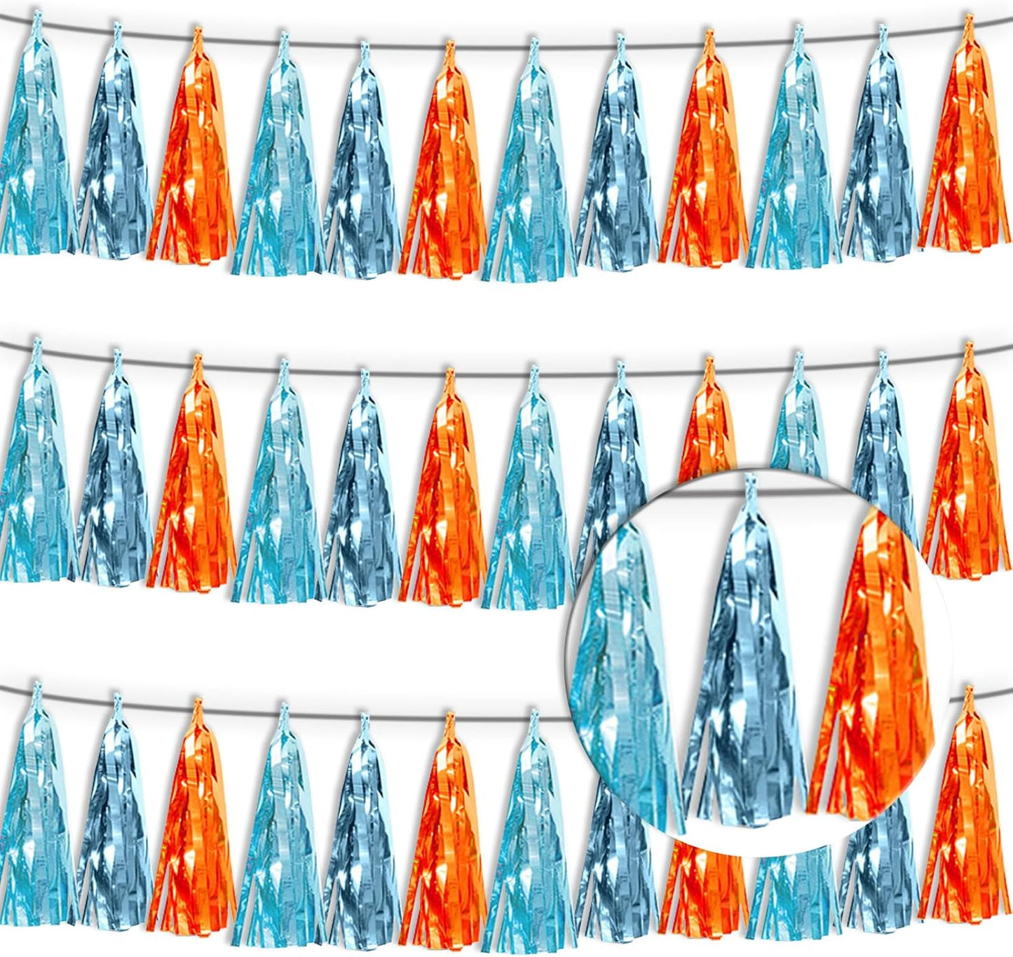 3P Lake Blue Light Blue-Orange Metallic Fringe Tassel Banner Garland Foil Tinsel Streamer Wall Hanging Curtain Backdrop Banner for Parade Floats,Graduation Decorations, Wedding Party Decoration