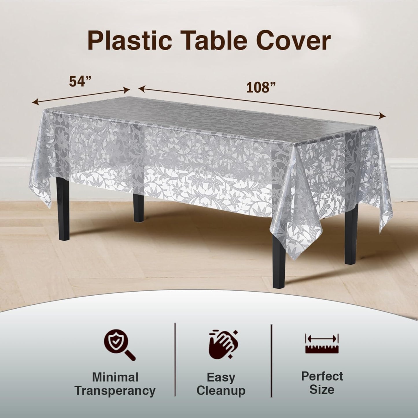 Exquisite Lace Table Cloth Rectangle Table Plastic 12-Pack Lace Tablecloth Rectangular 54" X 108" | Silver Floral Tablecloth Disposable | Wild Flower Party Decorations & Party Supplies