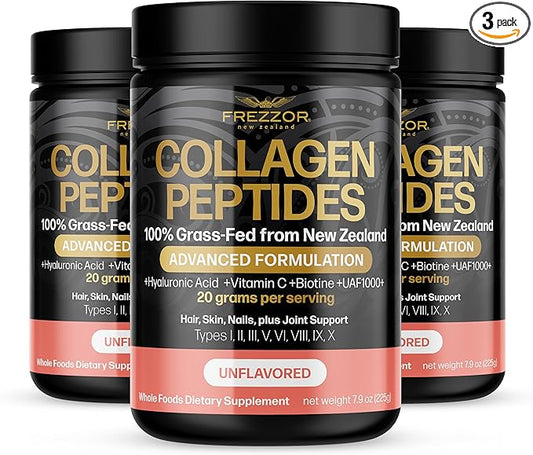 FREZZOR Collagen Peptides Powder, Fine Lines & Wrinkles, Hair & Nails, Supports Youthful Flexibility & Mobility, 100% New Zealand Hydrolyzed Beef Bone Collagen, Unflavored 675g 3 Jars