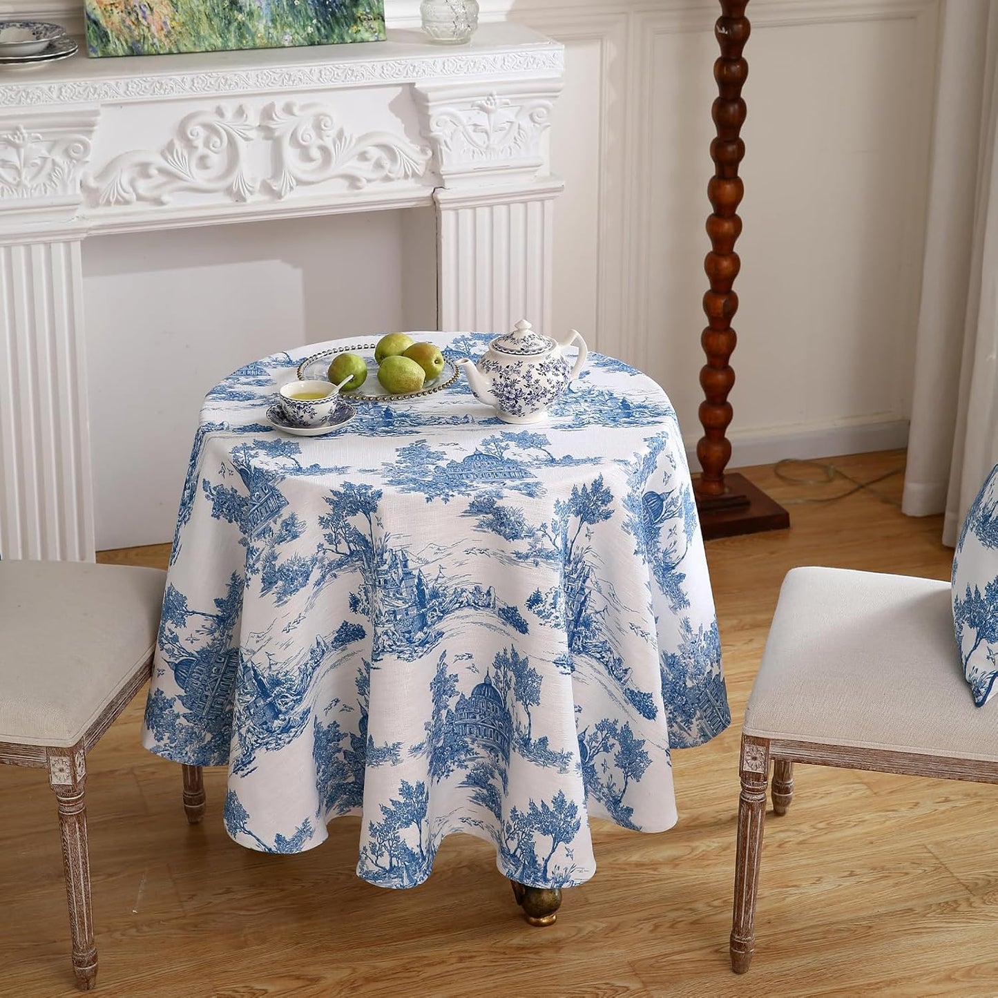 patdrea Designer Cyan Tablecloth for Round Table,Vintage Linen Ancient Castle and Manor Pattern Tablecloths,Table Cover Decor for Kitchen Dining Christmas,Thanksgiving,Diameter 67"-Lucerne a