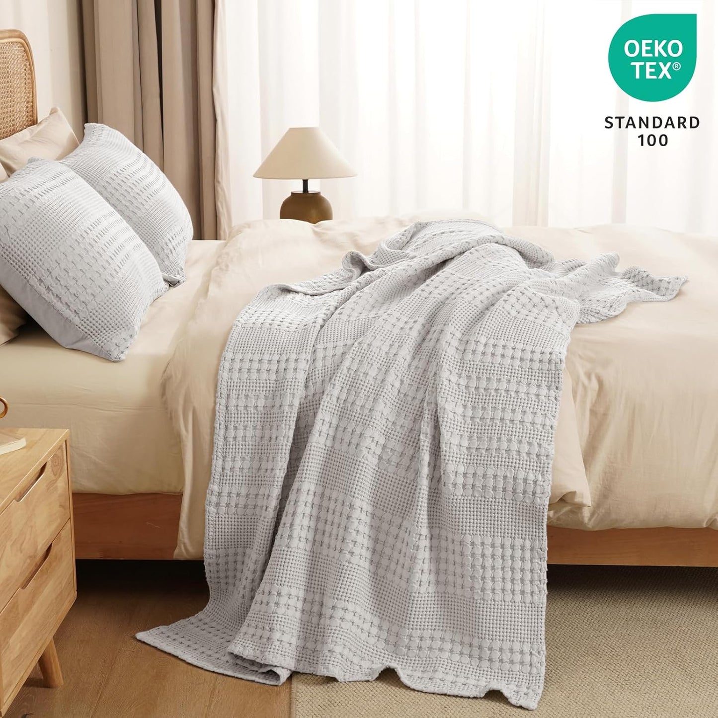 PHF 100% Cotton Waffle Weave Throw Blanket, Soft Lightweight Breathable Cozy Throws for Couch Bed Sofa, Luxury Aesthetic Woven Blanket for Home Decor & Office, 50"x60", Light Grey