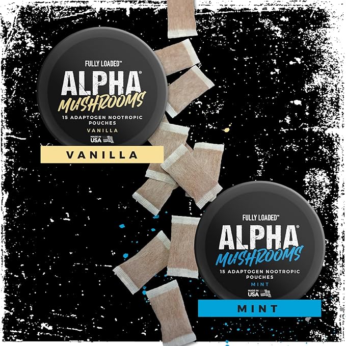 Fully Loaded Alpha Mushrooms - Adaptogen Nootropic Pouches (5-Pack, Mint) - - Lion's Mane, Cordyceps, & Chaga - 5 cans, 15 Pouches per can - Functional Mushrooms - Made in The USA