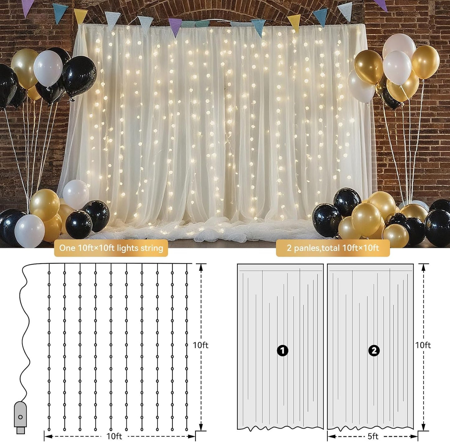 10×8ft Tulle Backdrop Curtains with Lights String - 300LED Fairy Lights Sheer Curtain Backdrop for Weddings Baby Shower and Birthday Party Decorations(4 Panels 5×8ft)