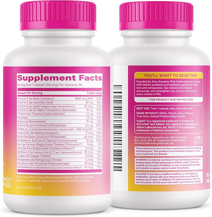 Pink Stork Total Women's Multivitamin - Supports Hair, Skin, Nails, Bone Health & Immune System - Includes B6, B12, Biotin, Iron & Zinc - Premium Women's Vitamins - 30 Capsules
