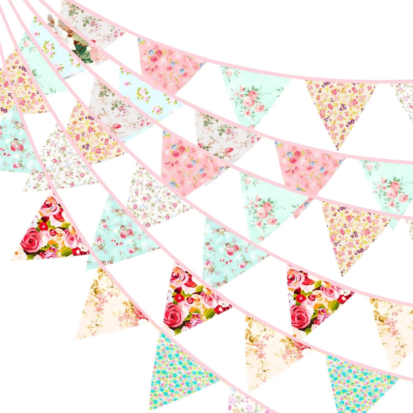 jijAcraft 39Ft Triangle Bunting Banner, 42Pcs Tea Floral Party Bunting Cotton Fabric Flags Pennant Garlands for Birthday Party, Wedding, Baby Shower, Outdoor and Home Decorations (Pink and Grenn)