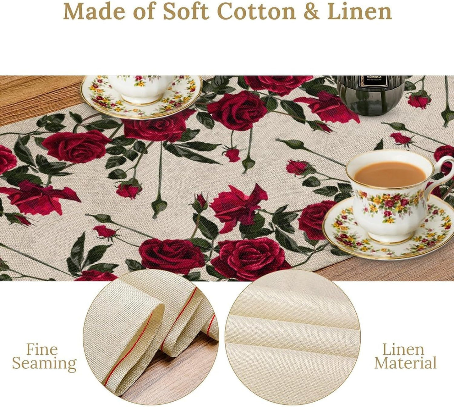 Rose Table Runner, Retro Red Rose Flowers Green Leaves Valentine's Day Kitchen Dinning Table Runner for Indoor Outdoor Home Wedding Party Holiday, 13x90 Inch