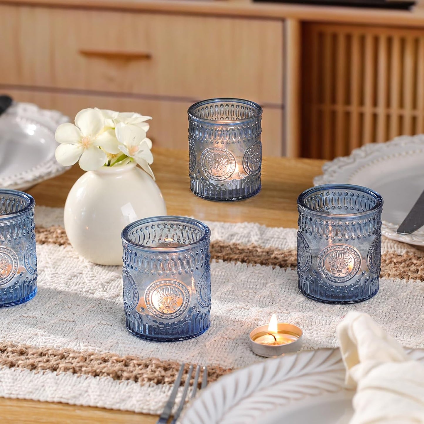 24 Pcs Blue Votive Candle Holders, Glass Tealight Candle Holders for Home Decor, Wedding Table Centerpiece, Birdal Shower, Party