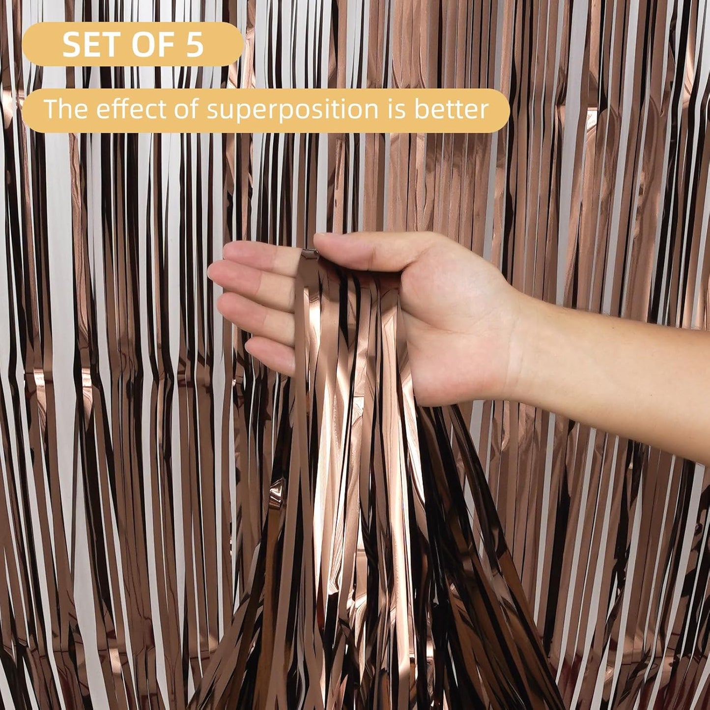 5 Pack Brown Fringe Backdrop 3.2ft x 8.2ft Silver Foil Fringe Curtains Party Tinsel Curtain Backdrop Streamers for Birthday Party Decoration Wedding Christmas Decoration (Brown)