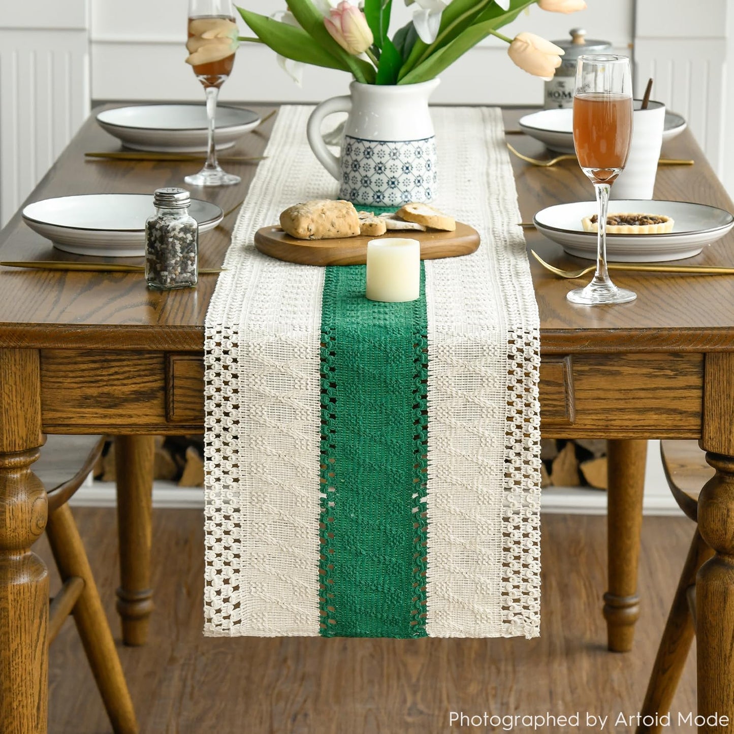 Artoid Mode Dark Green Farmhouse Rustic Table Runner, Seasonal Holiday Hollow Kitchen Dining Table Decoration for Home Party Decor 12x90 Inch