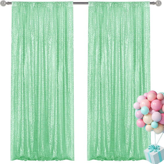 Mint Green Sequin Backdrop Curtain 2 Pieces 2FTx8FT Glitter Photography Backdrop for Party Wedding Birthday Christmas Decorations