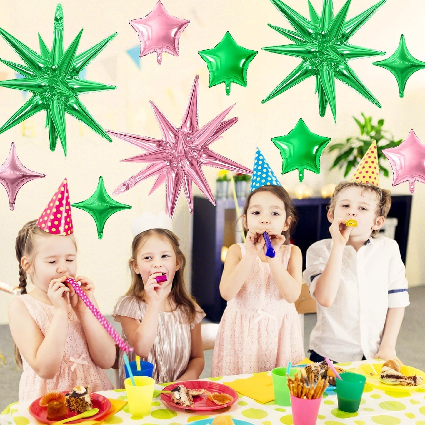 Pink Green Star Balloon,16Pcs Star Foil Balloons Set with 22Inch Explosion Spike Cone Balloons and 10Inch Quadrangle Helium Balloon for Birthday Wedding Baby Shower Party Decorations