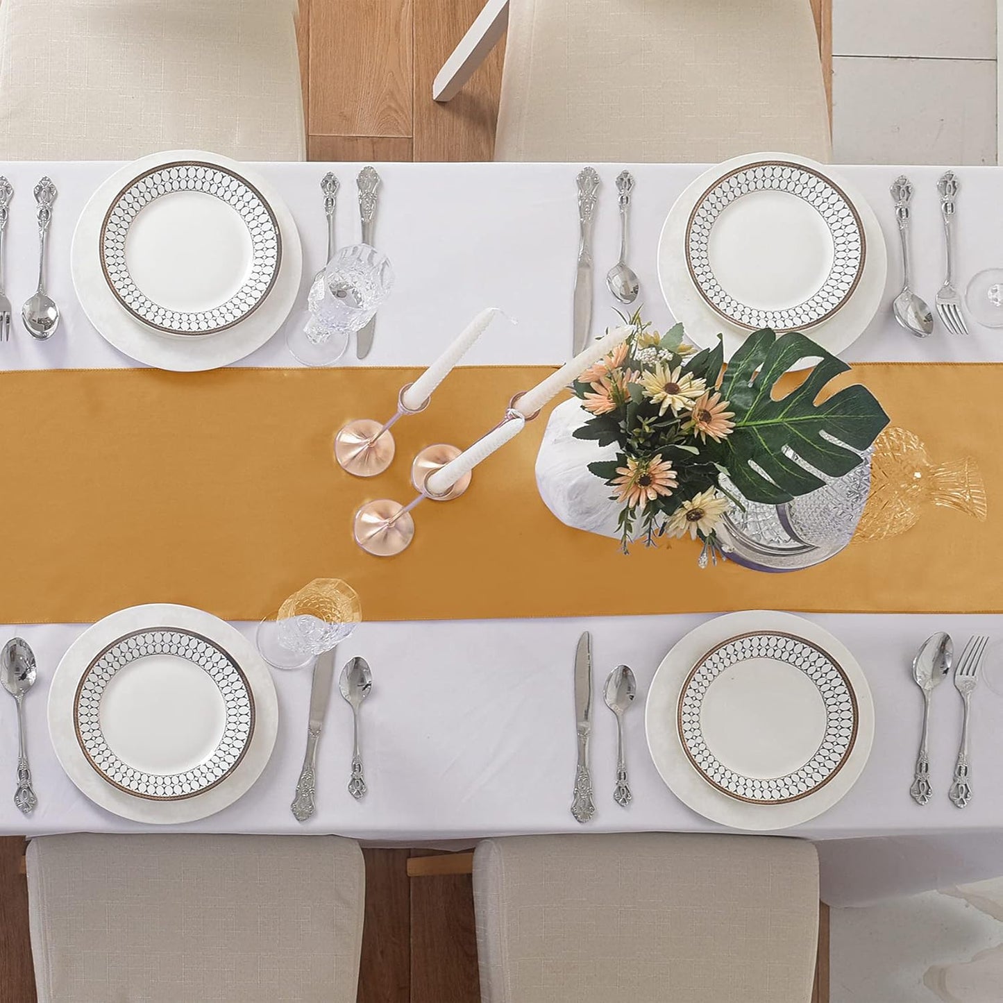 24Pack Table Runner 12 x 108 Inches Satin Silk Table Runner for Wedding, Birthday Party, Banquets, Graduations Decoration, fit Rectange and Round Table-Gold