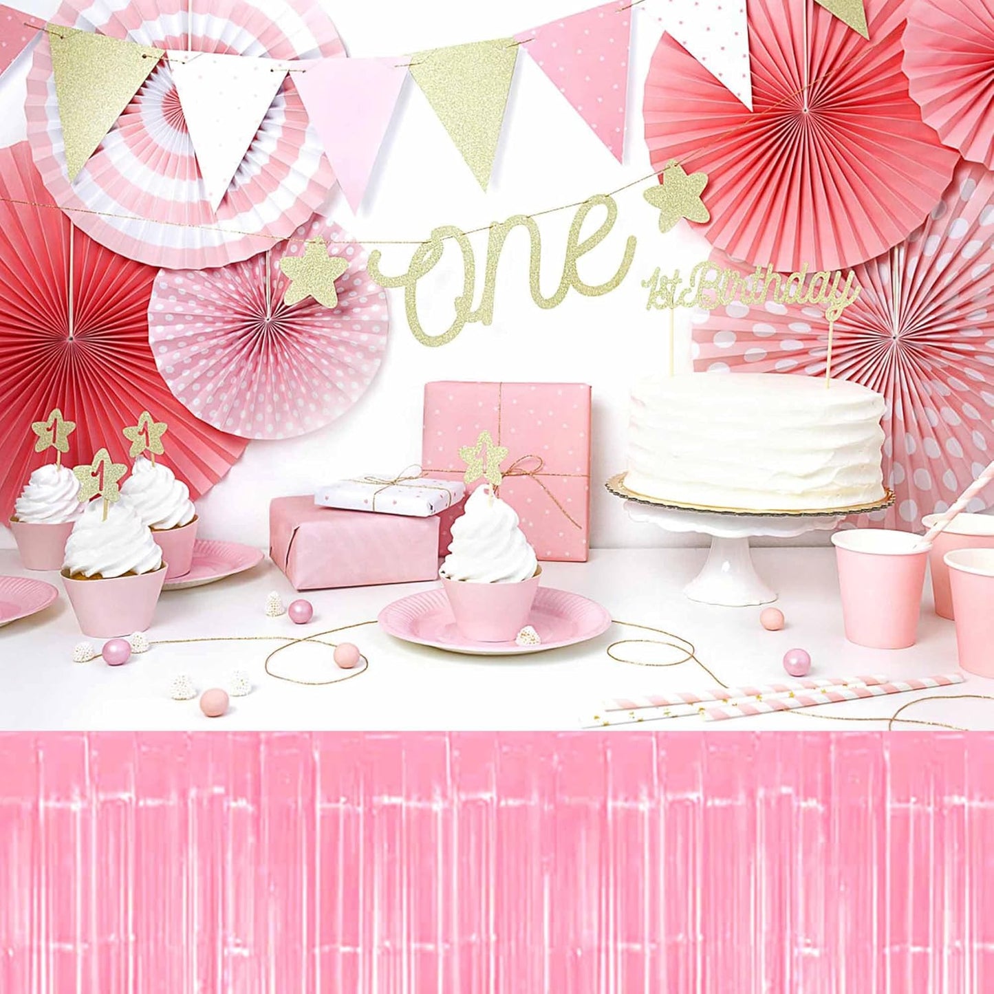 3 Pack 29 x108 Inch Macaron Pink Foil Fringe Table Skirts Metallic Banner for Tinsel Streamer Garland Backdrop for Parade Floats Mother's Day, Graduate, Birthday, Wedding Party Decoration