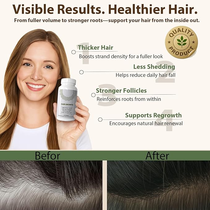 Hair Growth Supplement for Women & Men – Biotin 3000mcg, Collagen, Saw Palmetto & Ashwagandha – Thicker, Fuller Hair Support – Vitamins C, D3, E & Zinc – 30 Capsules – 1 a Day