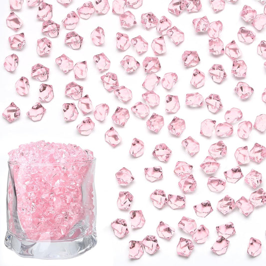 LAIDANLA 500PCS Pink Acrylic Gems Fake Ice Cubes Pink Vase Fillers Plastic Diamonds Fake Crushed Rocks for Centerpiece DIY Party Table Scatter Prop Wedding Decoration Accessories