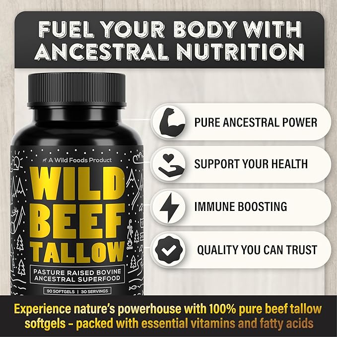 Wild Foods Grass-Fed Beef Tallow Capsules | 3,000mg Per Serving | Pure Ancestral Nutrition for Skin, Hormones, and Energy | Keto, Paleo & Carnivore Diet Approved | 30-Day Supply
