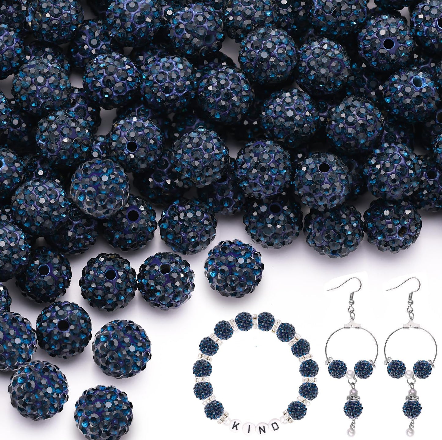 100pcs 10mm Rhinestone Beads for Jewelry Making, Blue Black Shiny Round Shamballa Disco Ball Beads Bulk, Sparkle Crystal Clay Christmas for Bracelet Baseball Necklace Earring Crafting and DIY