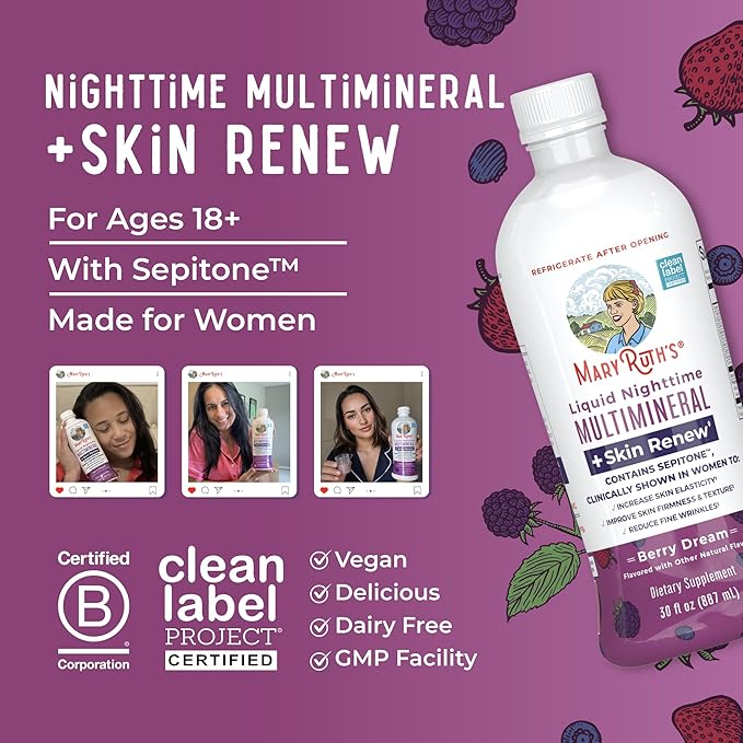 MaryRuth's Liquid Nighttime Liquid Multimineral + Skin Renew | Clinically Shown in Women to Reduce Fine Wrinkle & Improve Skin Firmness | Sepitone | NO Melatonin | Magnesium | Vegan | 30 Servings