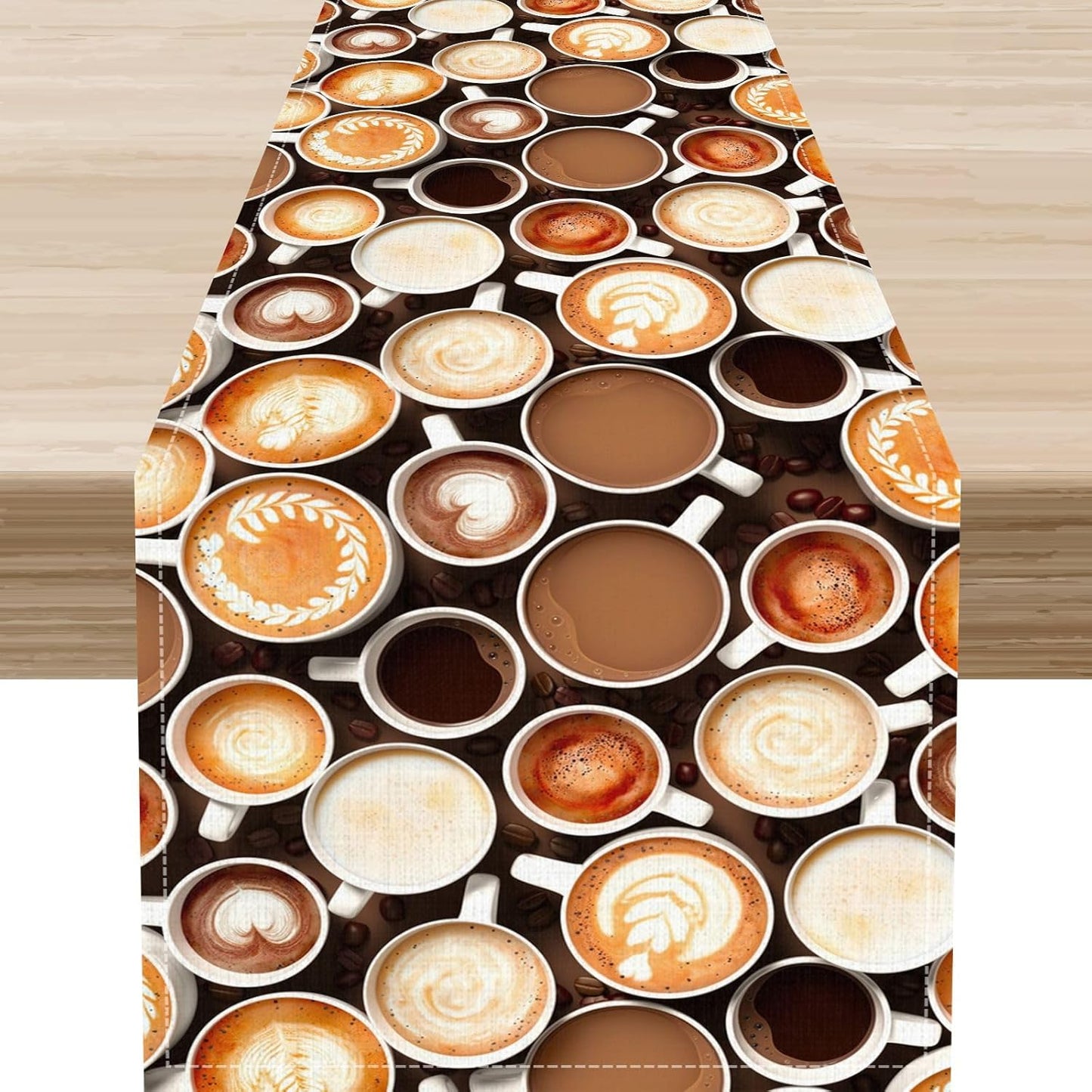 Coffee Theme Table Runner, Farmhouse Coffee Cup Latte Cappuccino Tea Party Rustic Cafe Table Center Decor for Home Kitchen Dining Patio Holiday Party Indoor Outdoor Table Decorations,13"x72" Inch