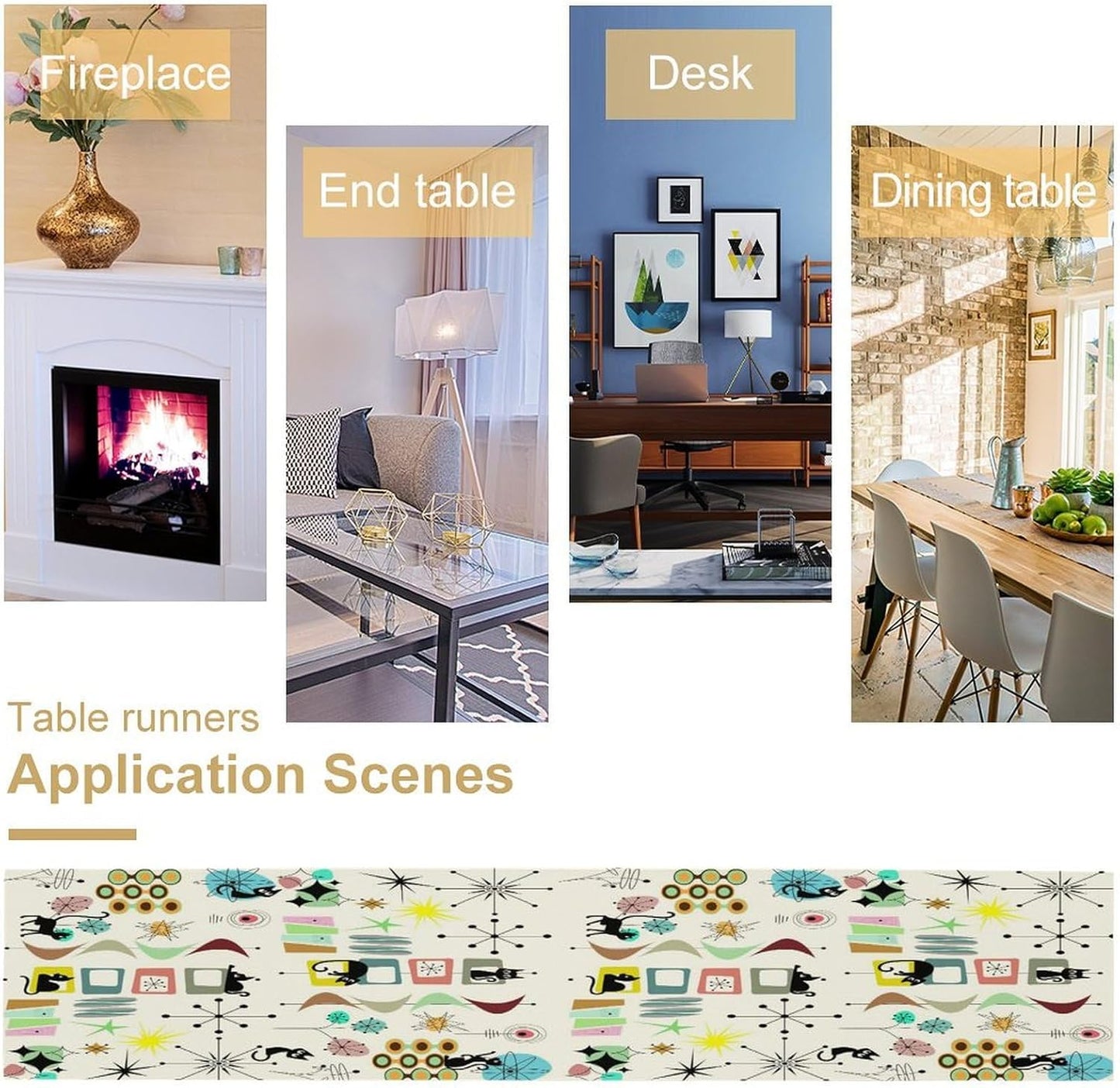 Colorful Geometric Table Runner,Vintage Mid Century Cute Cat Abstract Morden Print Tablecloth Burlap for Hotel Indoors Outdoor Dining Room Kitchen Home Decor, 13x60in