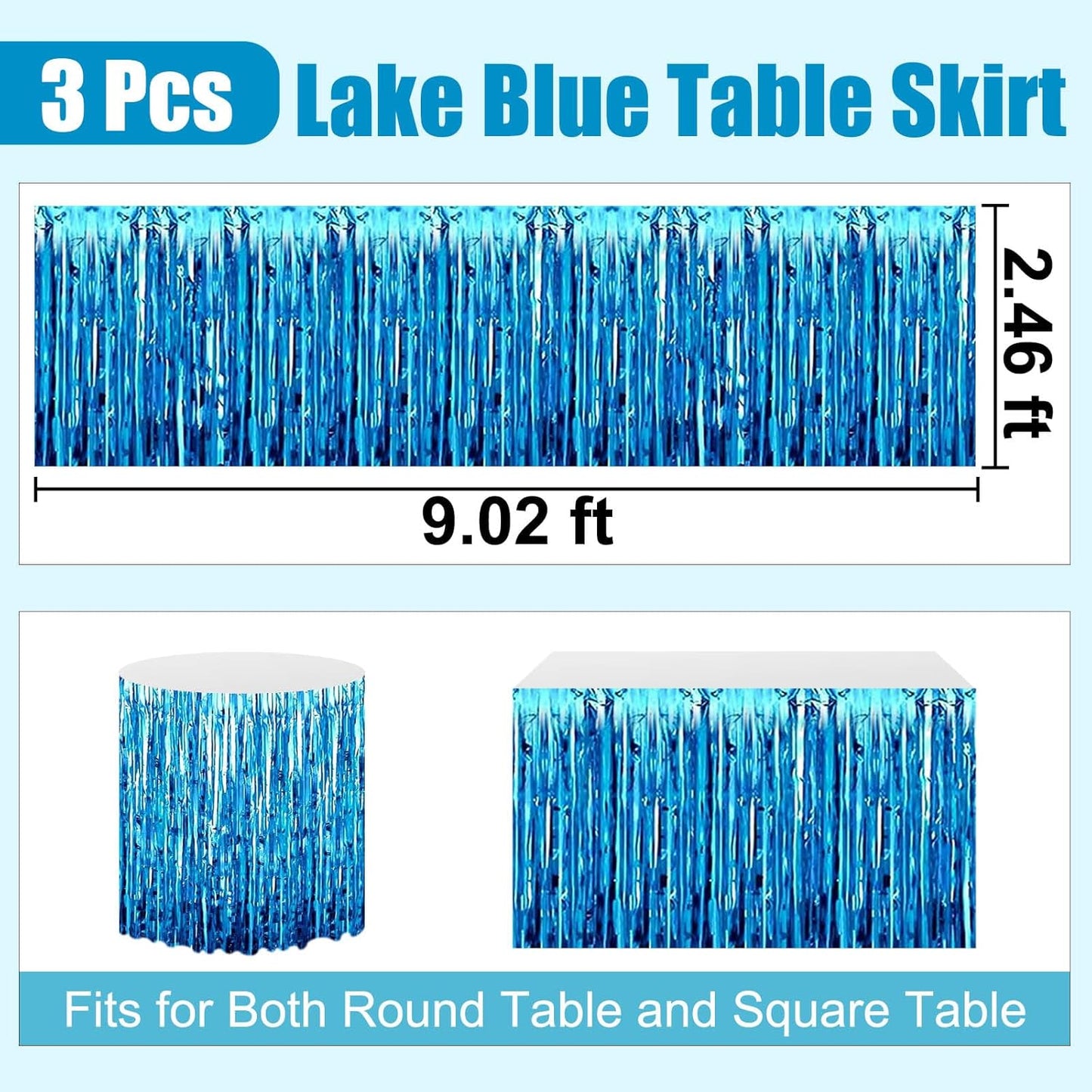 3 Pack 29 x108 Inch Lake Blue Foil Fringe Table Skirts Metallic Banner for Tinsel Streamer Garland Backdrop for Parade Floats Wedding Thanksgiving Birthday Christmas New Year Party Decoration