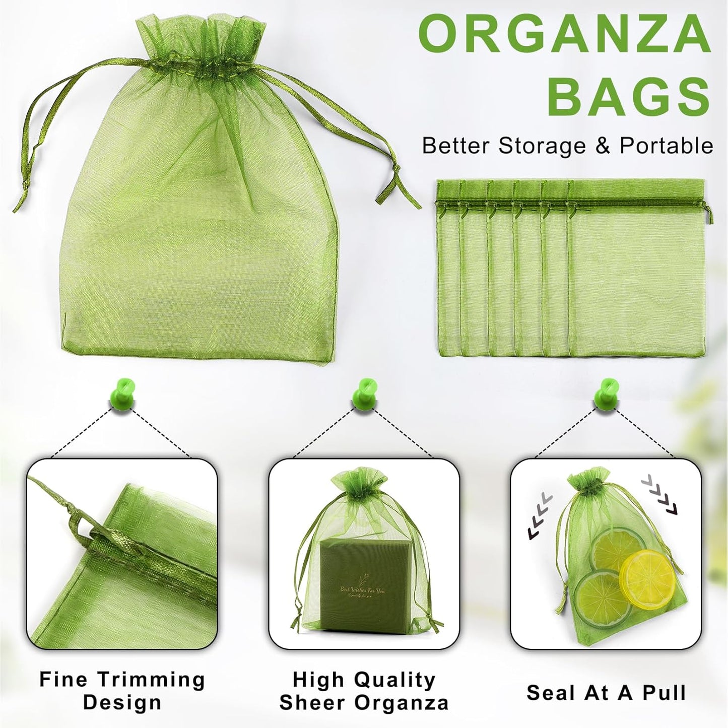 ANZNKU 50 Pack Organza Bags 4 x 6 inch Premium Sheer Drawstring Small Mesh Bag for Candy Jewelry Party Wedding Christmas Favor Gift Bag (Green)