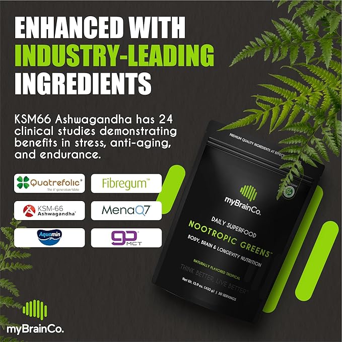 Nootropic Greens - Premium All-in-One Body, Brain & Longevity Optimization Nutrition. Organic Greens & Superfoods, Alpha-GPC, L-Theanine, Lion’s Mane, TMG, NR, NAC & More. (15.9 oz)