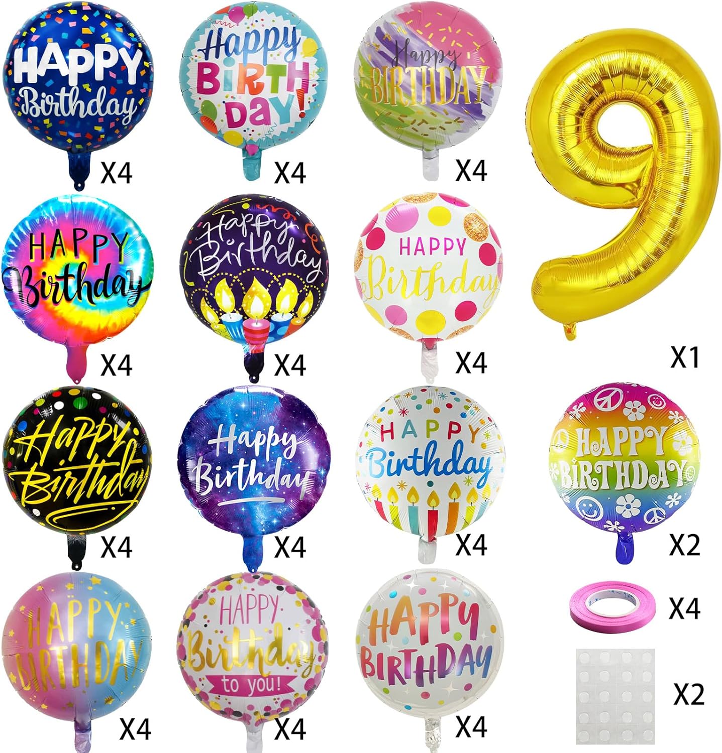 50 Pcs Happy Birthday Party Aluminum Foil Balloons and 9th Balloons, 18 Inch Round Aluminum Foil Balloon with" Happy Birthday" Sign, Birthday Party Decorations for Boys/Girls (Yellow, 9)
