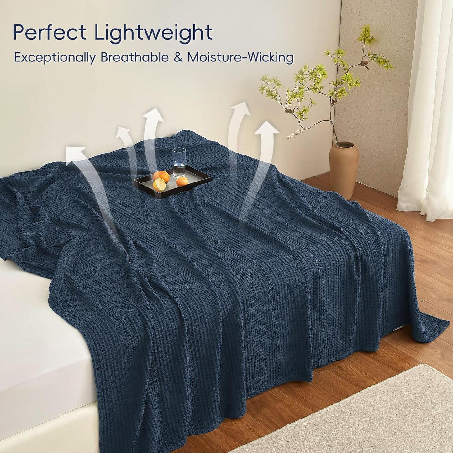 PHF Lightweight Waffle Weave Blanket Twin Size, Breathable & Ultra Soft, 66"x 90" Soft & Cozy Thin Blanket for All Season & Hot Sleepers, Bed, Home Decor - Navy Blue