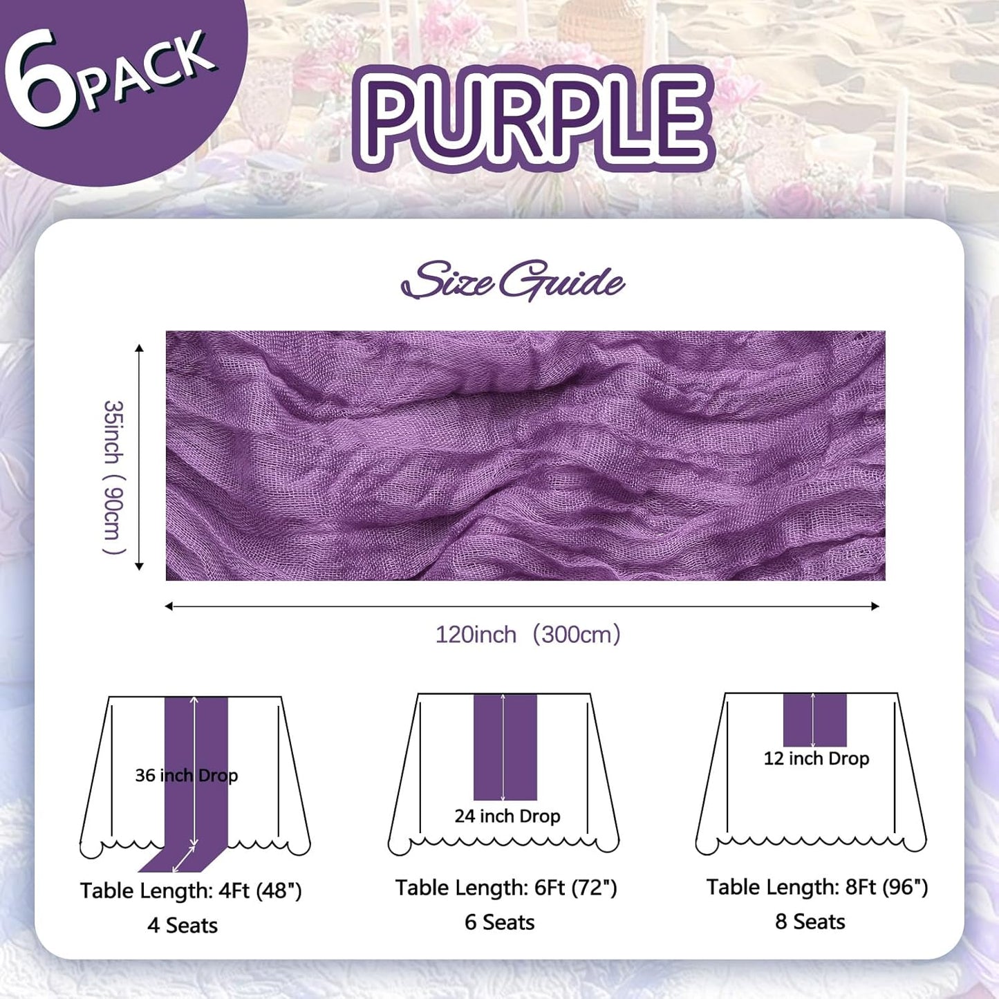 6 Pack Purple Cheesecloth Fall Table Runner 10ft Boho Gauze Fabric Cheese Cloth Table Runner 35 x 120 Inch Rustic Sheer Runner For Romantic Wedding Decor Baby Shower Party Table Centerpiece Decoration