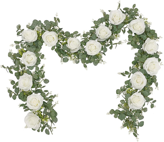 Dolicer 2Pcs 13Ft Artificial Eucalyptus Garlands with Flowers - 8 Roses, Faux Floral Greenery Garlands Fake Flowers Vines for Wedding Table Centerpieces Arch Party Ceremony Backdrop Decor (White)
