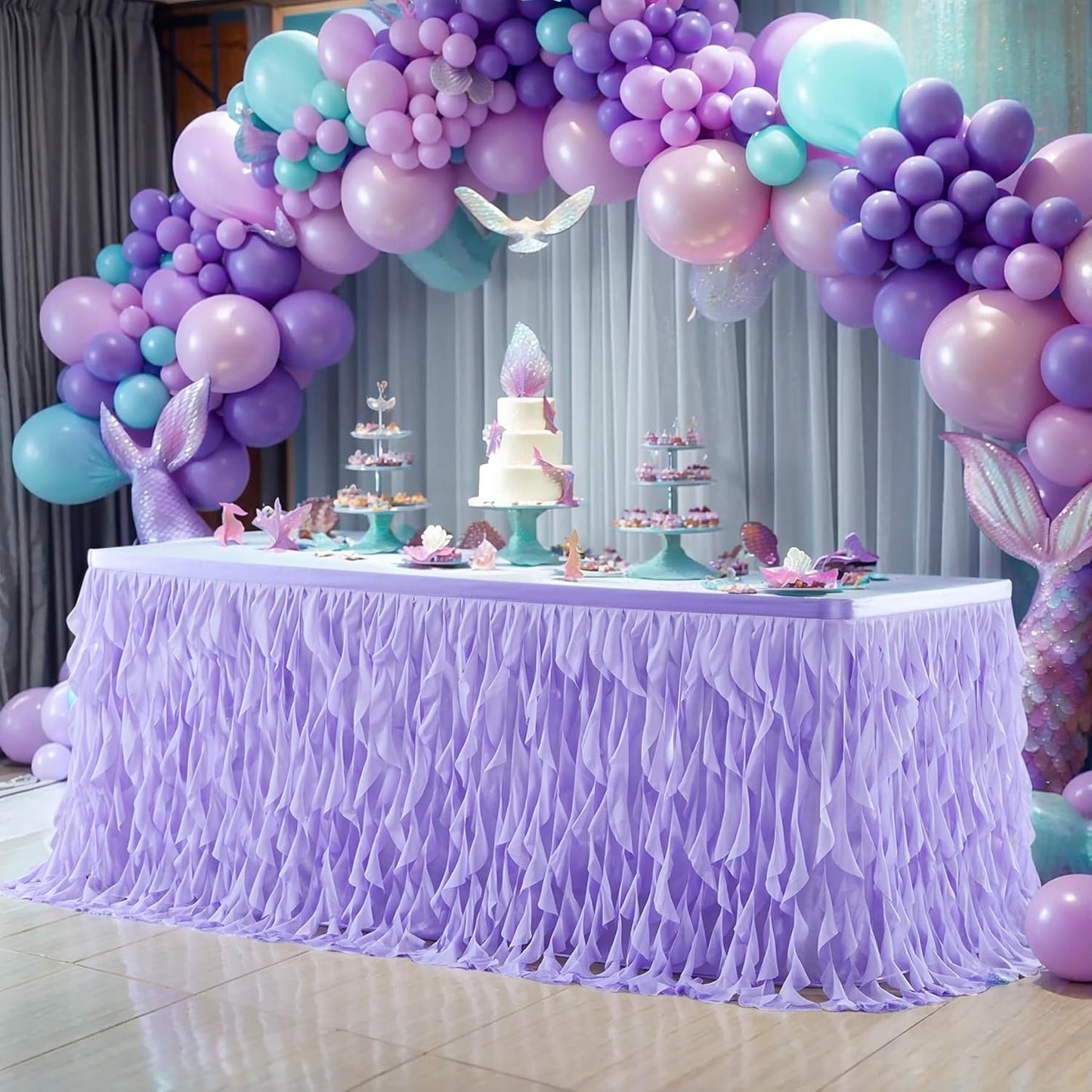 PARTISKY Lavender Purple Tulle Curly Willow Table Skirt for Rectangle Table 6ft, Ruffle Tutu Table Cloth for Girls Boys Baby Shower,Mermaid Birthday Party