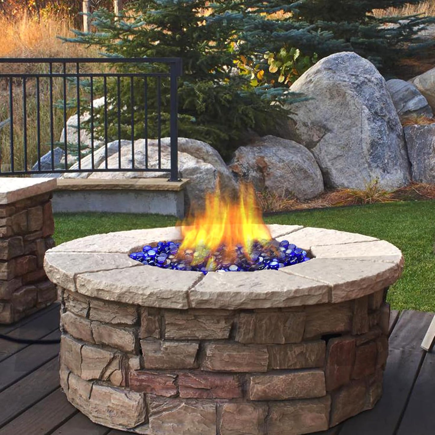 Fire Pit Glass, Cobalt Blue Firepit Rocks for Propane Firepit, Fireplace and Outdoor Decorative, 3/4 High Luster 10LB Round Fire Glass Beads