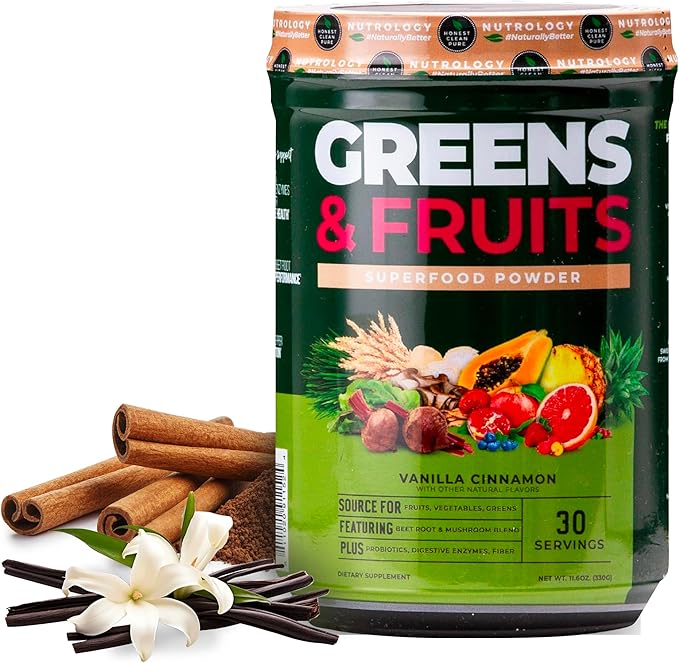 Nutrology Greens & Fruits Powder-Naturally Sourced Superfood, Beet Powder, Mushroom Blend, Probiotics, Digestive Enzymes, Fiber, Antioxidants, Immune Support, Gluten Free - Vanilla Cinnamon