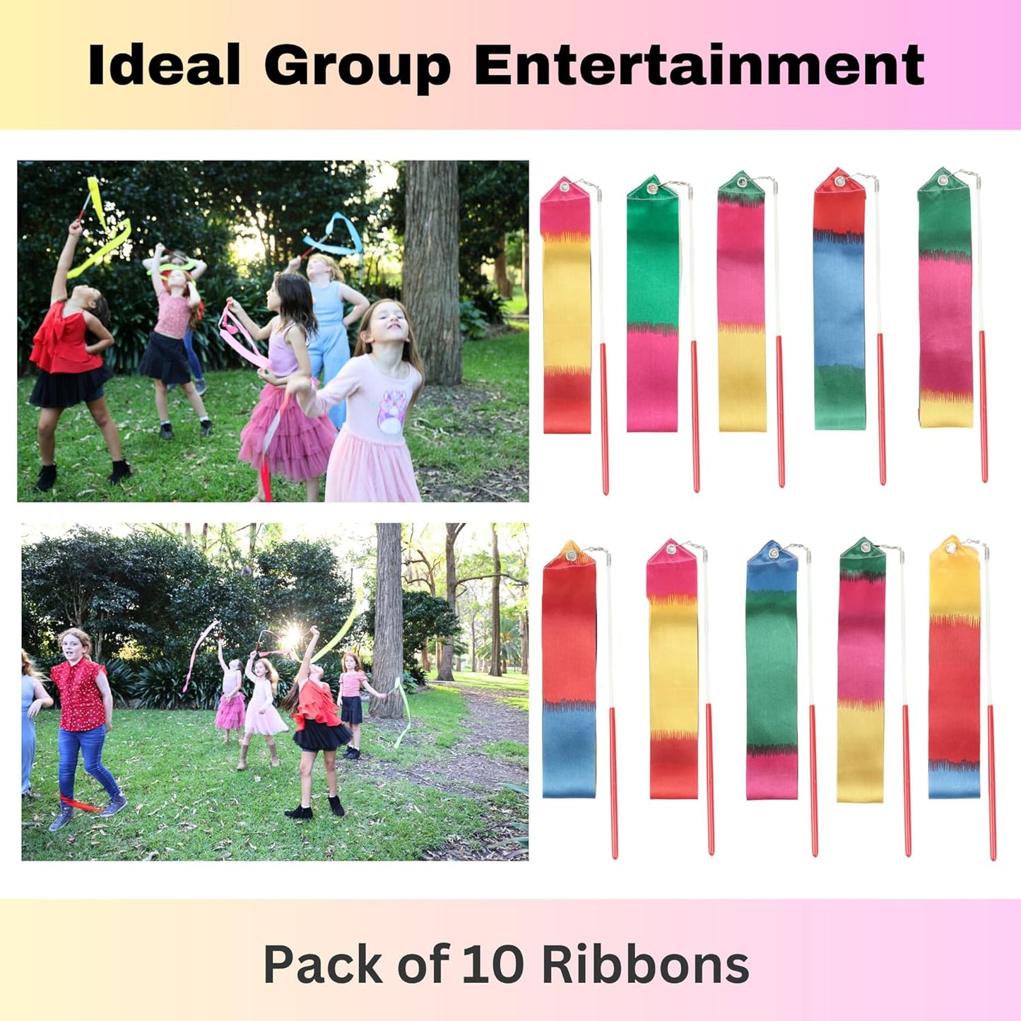 Dance Wands Ribbon Pack, Party Favors for Girls Goodie Bags, Outdoor Kids Rainbow Birthday Party Games, Gymnastics Gift Bags Steamers (multicolored ribbon with Red grip,10pcs set)
