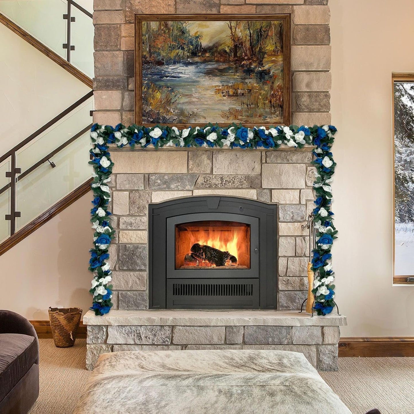 8Pcs 63Ft Royal Blue&White Fake Rose Hanging Flowers, Artificial Flower Vine, Hanging Floral Vine Garland for Wedding, Wall Arch, Halloween, Christmas Garden Backdrop Decor