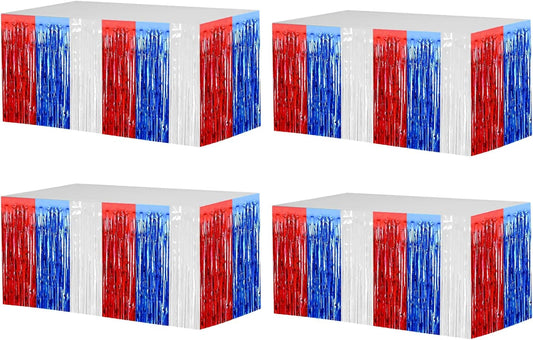 4 Pack 29x108 Inch Metallic Foil Fringe Tinsel Table Skirts for Rectangle Tables Streamer Backdrop for Wedding, Birthday, Parade Floats, Christmas, Halloween Party Decoration(White Blue Red)